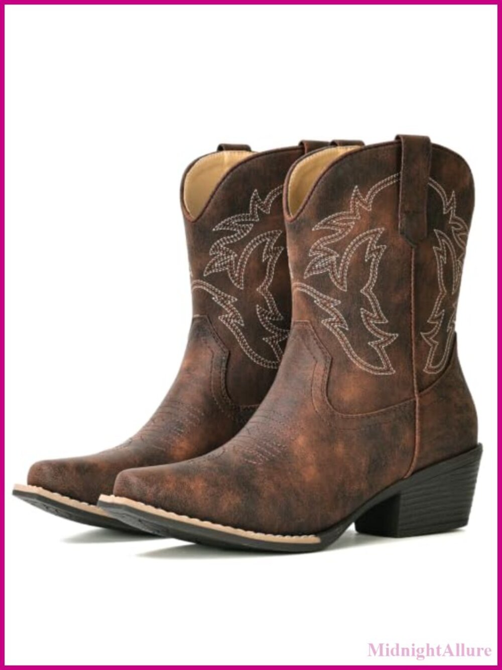 Cowgirl Ankle Boots Faux Leather Chunky Heel Snip Toe Western Booties